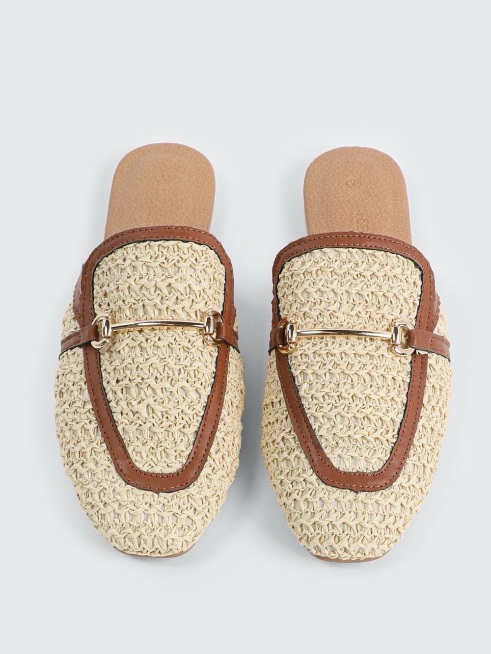 Ardene Size 9 Woven Raffia Slip-On Mules with Brown Trim with gold buckle